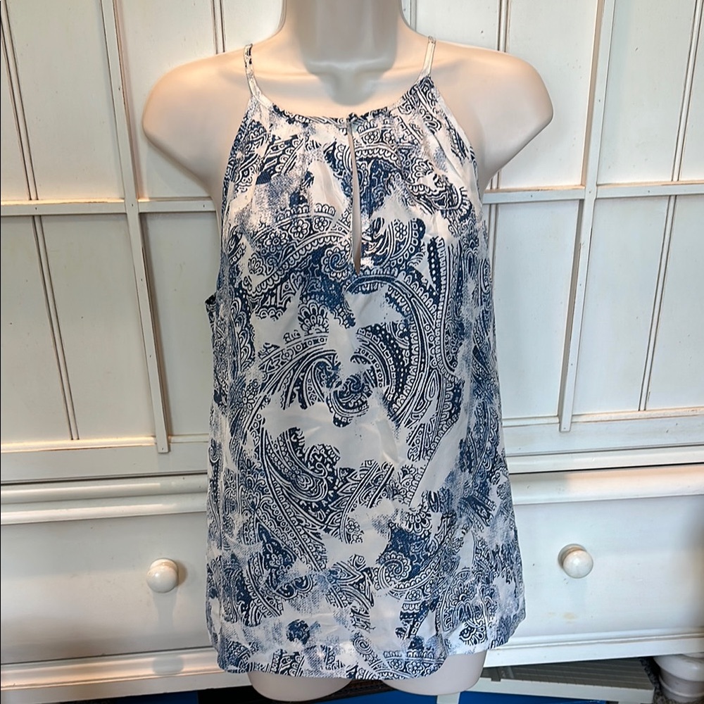 Banana Republic Silk White and Blue Halter Tank Top